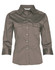 A khaki women's 3/4 sleeve military-style shirt featuring two front pockets and button-up detailing.
