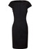 A black cap sleeve dress featuring a fitted silhouette and pleated detailing, designed in a wool blend stretch fabric.