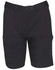 Black ladies' utility cargo shorts featuring multiple pockets and a button closure, with a branding logo.