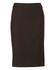 A mid-length pencil skirt in dark brown, made from poly/viscose stretch fabric, featuring a simple design and waistband.