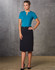 A fitted navy A-line utility skirt paired with a teal top, styled with high heels against a textured background.