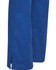 A pair of blue solid colour scrub pants with side slits at the hem, featuring a brand logo.