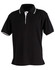 A black polo shirt with a contrasting white collar and sleeve cuffs, featuring a logo on the chest.