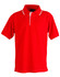 A red polo shirt with a collar, featuring white detailing and a subtle logo. Short sleeves and buttons at the neck.