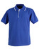 A blue polo shirt with a three-button placket and white trim on the collar and sleeves, featuring a logo.