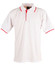 A white polo shirt with red accents and a collar, featuring a logo on the chest.