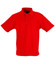 A red unisex traditional polo shirt with a collar and short sleeves, featuring a logo.