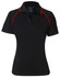 A black ladies' polo shirt with red accent stitching and a collar, featuring a logo on the front.