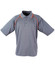 A grey polo shirt with orange accents and a logo. It features short sleeves and a classic collar.