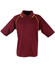 A maroon polo shirt with short sleeves and yellow accents, featuring a collar and buttons, with a logo.