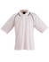 Men's polo shirt in white with black accents, featuring a collar and short sleeves. It has a logo on it.