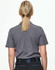 A grey short-sleeved polo shirt viewed from the back, featuring a simple design and a logo on the collar.