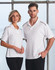 A white polo shirt with contrasting black accents, displayed on a male and female model. The shirt features a logo.
