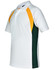 A white polo shirt with green and yellow accents, featuring a logo on the chest.