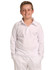 A child is wearing a long-sleeved white cricket polo shirt. The shirt features a collar and a playful fit.
