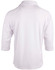 A mens 3/4 sleeve cricket polo in white, featuring a classic collar and a logo on the back.