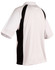 A men's polo shirt featuring a white body with black accents and a logo on the back.