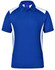 A blue polo shirt featuring white side accents and a collar, with a logo on the chest area.