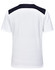 A white men's polo shirt featuring a navy back panel and a logo on the rear.
