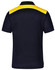 A navy polo shirt featuring a yellow collar and shoulder detailing, with a logo on the back.