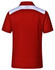 A red men's polo shirt with white accents on the shoulder and a logo on the back.