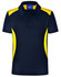A navy polo shirt with yellow side panels and a collar, featuring a logo on the upper part.