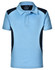 A light blue polo shirt with dark blue accents, featuring a collar and short sleeves. It has a logo on the label.
