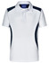A white polo shirt featuring navy side panels and a collar. It has a branding logo on the neckline.
