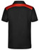 A black polo shirt with red detailing on the shoulders, featuring a collar. It has a logo on the front.