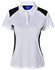 A white ladies' polo shirt with black side panels and a collar, featuring a logo on the chest.