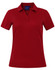 A red women's short sleeve polo shirt with a collar, featuring buttons and a logo.