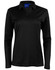 A black long sleeve polo shirt with a collar and three buttons, featuring a logo on the chest.