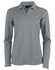 A long sleeve polo shirt in grey, featuring a collar and three buttons, with branding on the neckline.