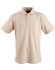 A beige men's polo shirt with a collared neckline and short sleeves, featuring a logo.