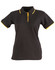 A black ladies' polo shirt with yellow accents, featuring a collar and short sleeves, has a logo.