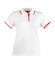 A white polo shirt with red collar and sleeve trims, featuring a logo on it.