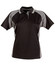 A black and grey ladies’ polo shirt with short sleeves and a collar, featuring a logo.
