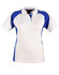 A ladies' polo shirt in white and blue, featuring a classic collar and short sleeves. It includes a logo.