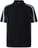 A navy blue polo shirt with light blue accents and a collar, featuring buttons and a logo.