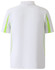 A white polo shirt with lime green accents and a logo, featuring short sleeves and a collar.