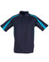 A navy short sleeve polo shirt featuring teal stripes along the sides and a collar. The shirt has a logo on it.