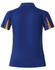 A blue short sleeve polo shirt with orange accents and a logo on the upper chest area.