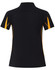 A black polo shirt with orange accents, featuring a collar and short sleeves. The back displays a logo.