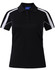 A black short sleeve polo shirt featuring white accents and a logo on the collar.