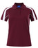 A maroon short sleeve polo shirt featuring white accents and a logo on the collar.