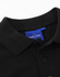 A black men's cotton stretch polo shirt with a collar and a logo tag. Features button detailing at the front.