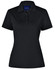 A black ladies' polo shirt featuring a collar, three buttons, and a logo. The fabric has a textured appearance.