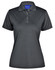 A women's polo shirt in dark grey with a classic collar and buttons, featuring a logo on the chest.