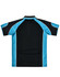 A black polo shirt with blue accents and a logo on the back.