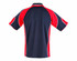 A men's polo shirt featuring a navy blue body with red sleeves and trim, includes a logo.